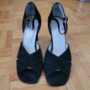 Vintage Studio Delman Black Suede Heels with Gold Buckle Size 6 Leather